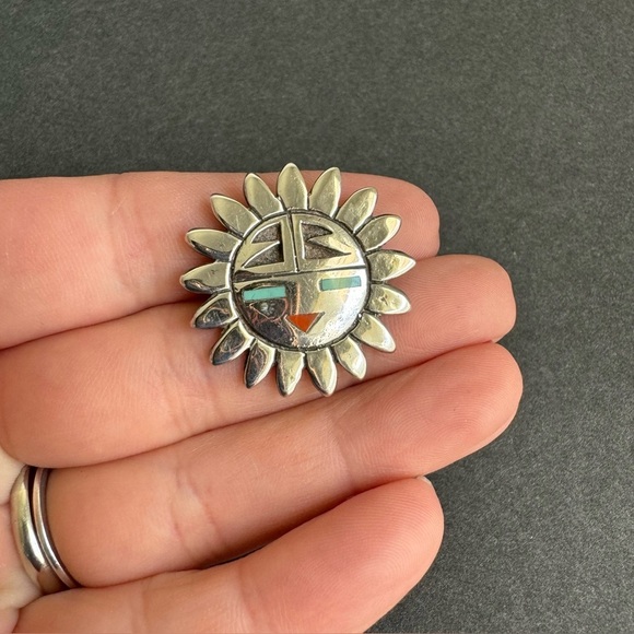 Vintage Sun Face Brooch Turquoise Coral Sterling Silver Zuni Native American‎ - Picture 3 of 8
